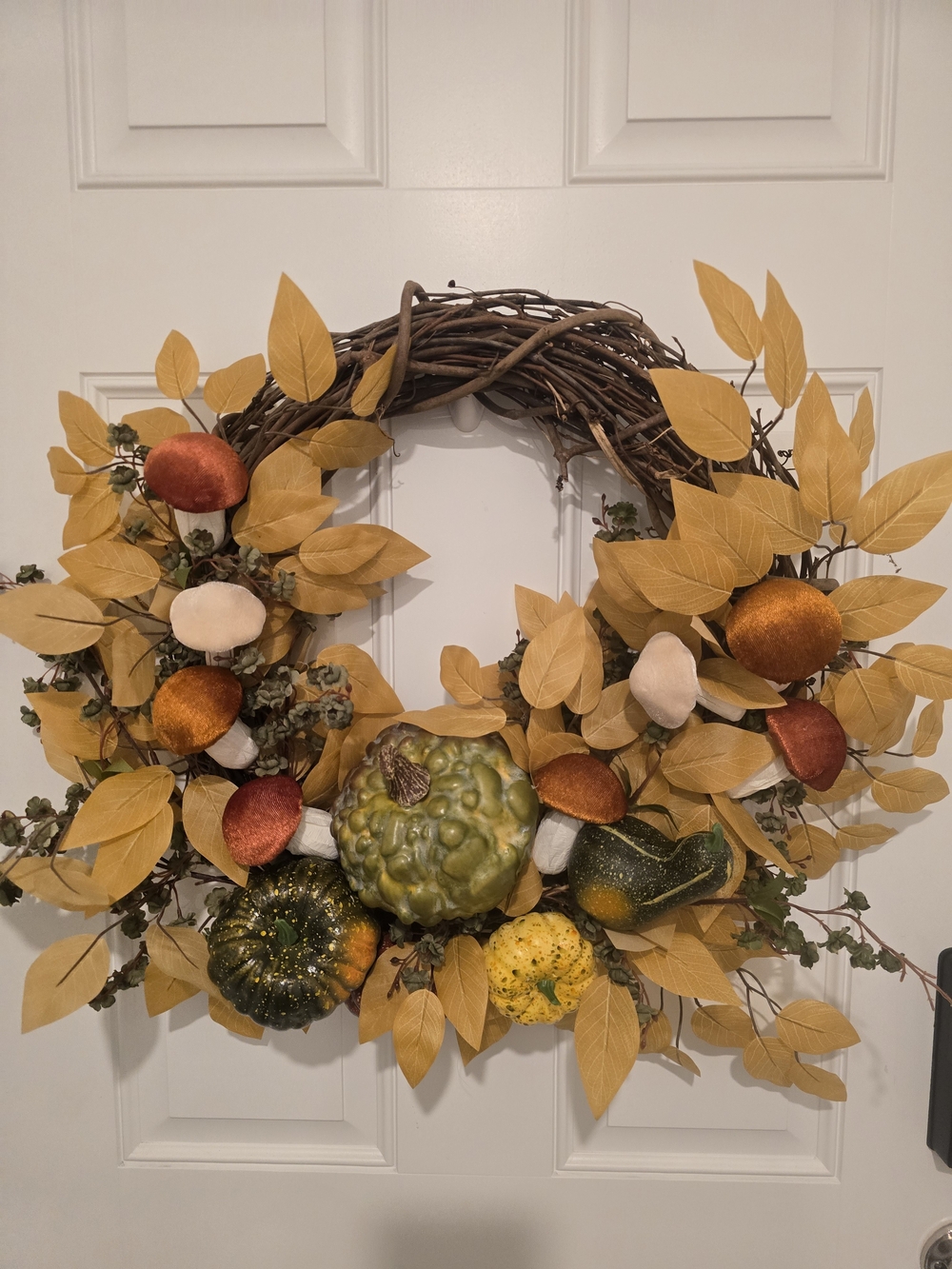W022 - Autumn Harvest Pumpkin & Mushroom Fall Wreath in Mustard Yellow